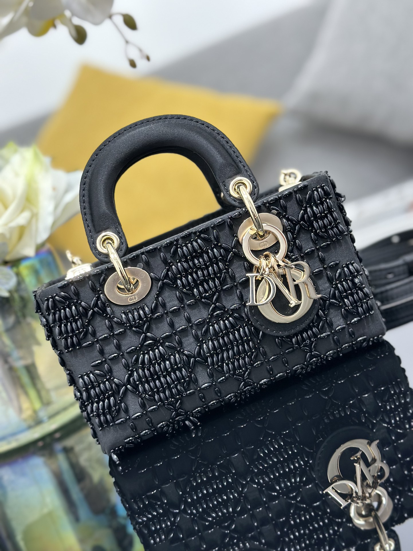 Micro Lady D-Joy Bag Black Satin Embroidered with Black Bead